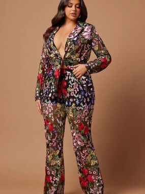 Fashion Nova Black Multi Floral Sequin Wide Leg Pant
